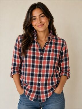 Upcycled Express Coral and Navy Plaid Ruffle-Collar Button-Up Shirt